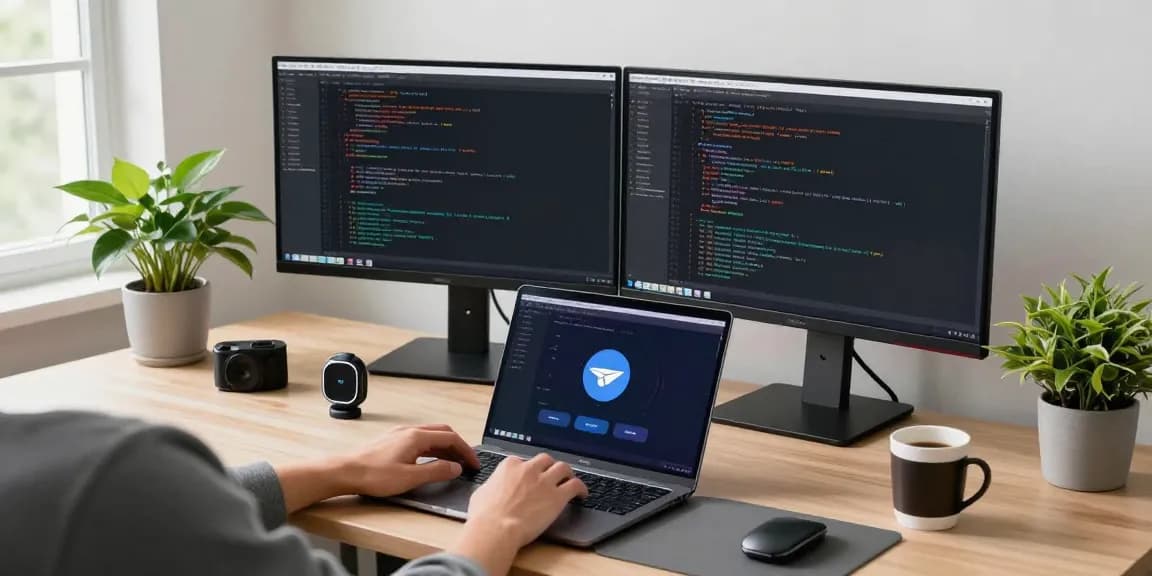 Developer focused on 纸飞机中文版 interface in a modern tech workspace surrounded by gadgets and natural light