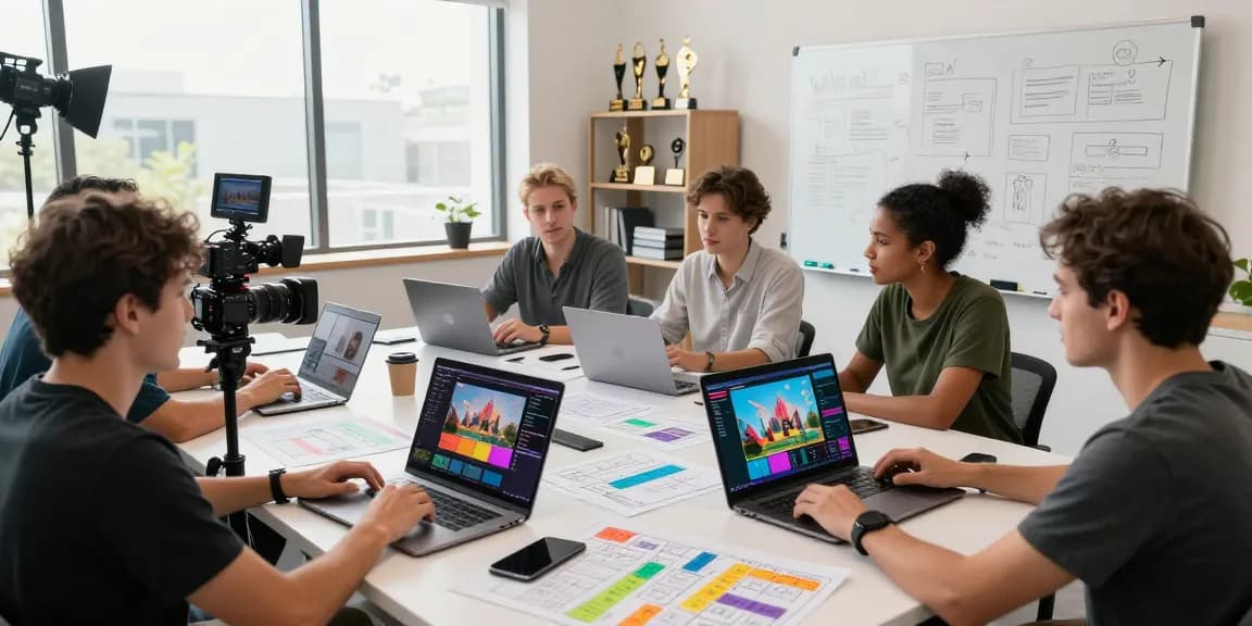 Team using ai seedance 2.0 in a modern video production studio, showcasing collaboration and creativity.