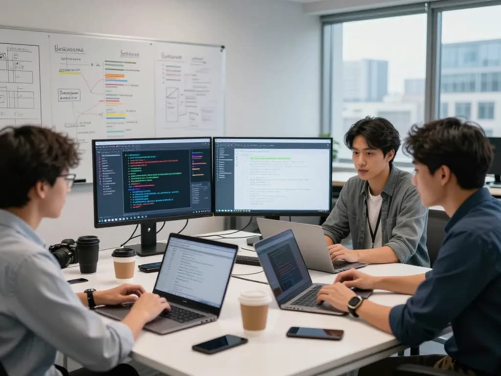 Collaboration in AI development at Crushonai’s innovative tech workspace.