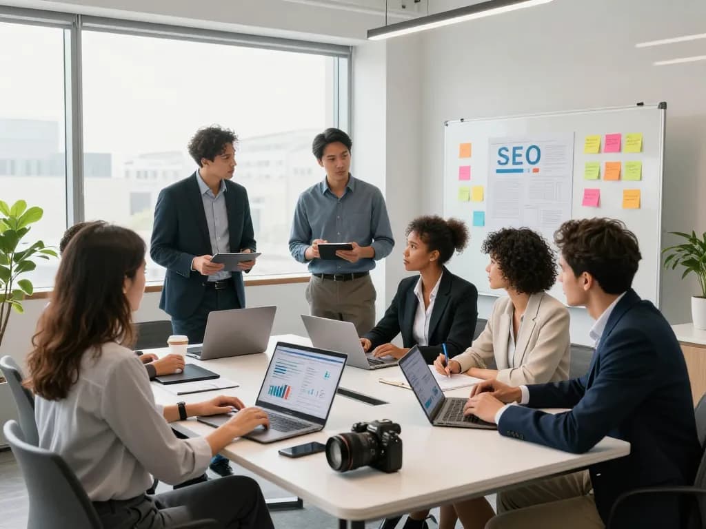 Team strategizing on SEO metrics in a modern office, showcasing NYC SEO Company collaboration.