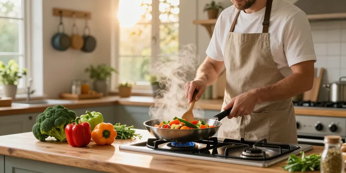 Chef preparing a fresh vegetable stir-fry on this page in a rustic kitchen setting