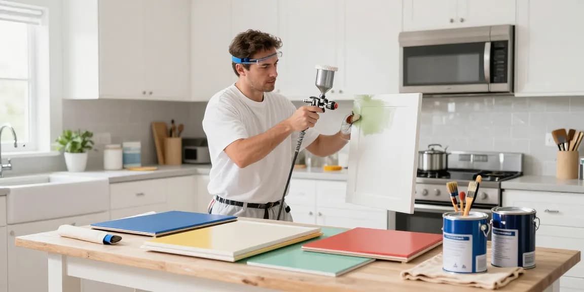Cabinet painters Davidson County TN working on kitchen cabinet doors, showcasing vibrant colors and professional craftsmanship.