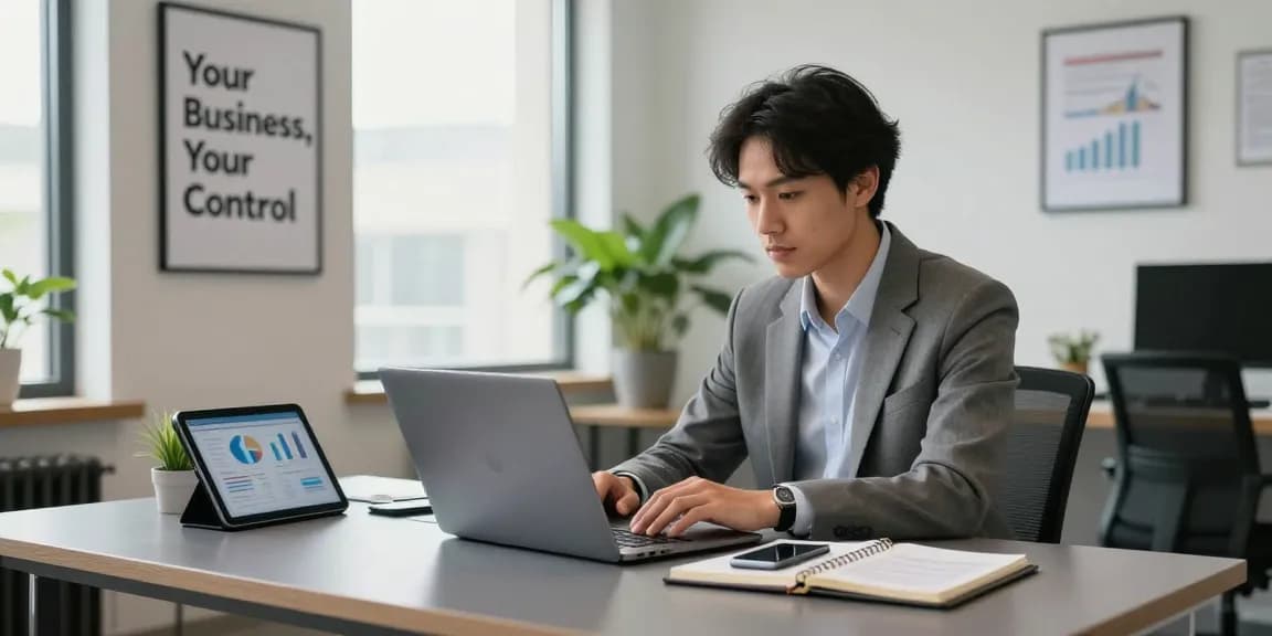 Self-employed consultant working in a bright office, laptop and planning tools visible.