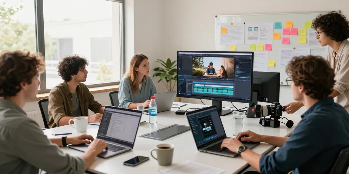 Team using ai video prompt tools in a bright collaborative workspace, focusing on creativity and innovation.