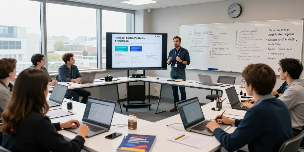 Engaged learners mastering targeted social media ads strategies in a modern workshop.