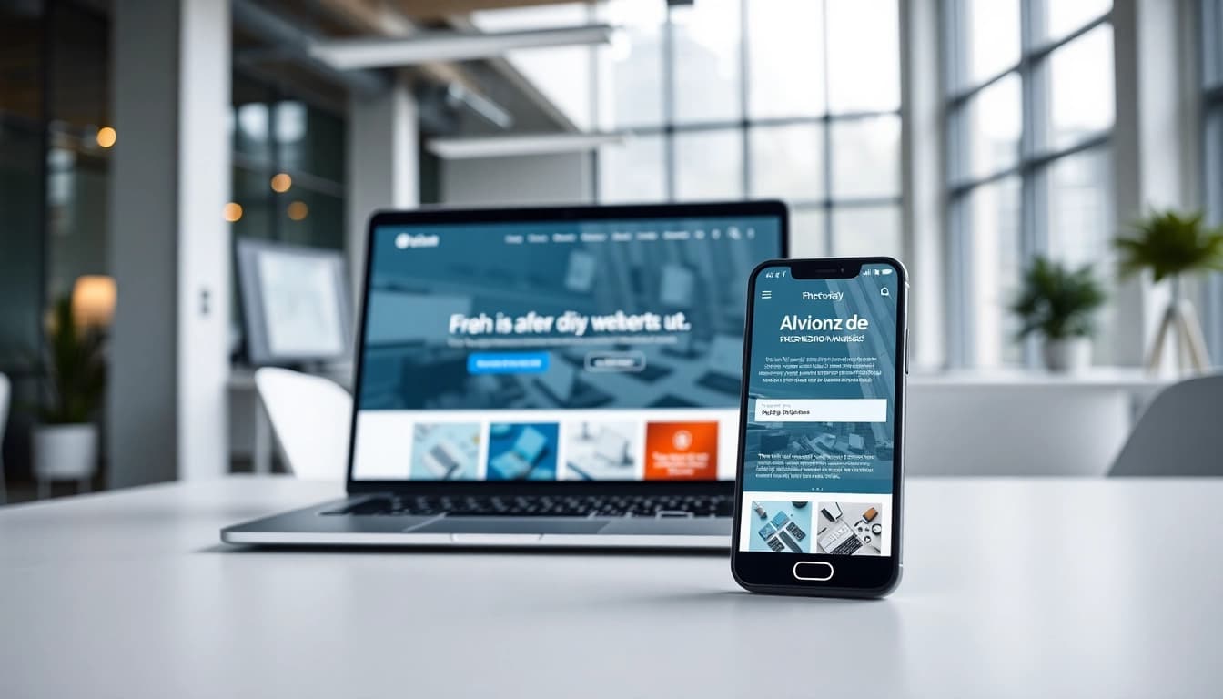 Die auffällige Darstellung von https://alvionz.de/ auf hochwertigen Geräten in einem modernen Büro.