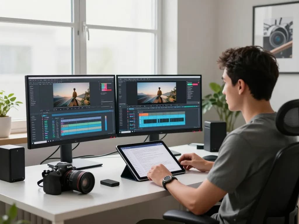 Video to prompt ai workspace with monitors showing detailed video analysis for content creators