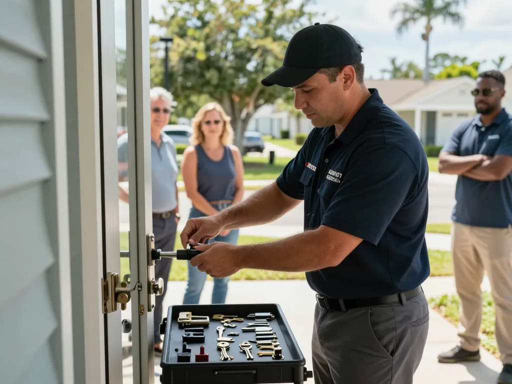Locksmith Stuart FL expert opening door using advanced tools outdoors in community