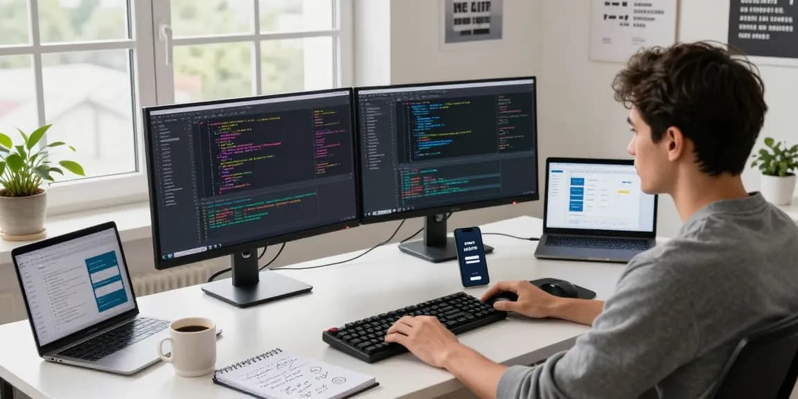 Developer at modern desk coding on dual monitors with login raja328 on a smartphone, creating a productive tech atmosphere.