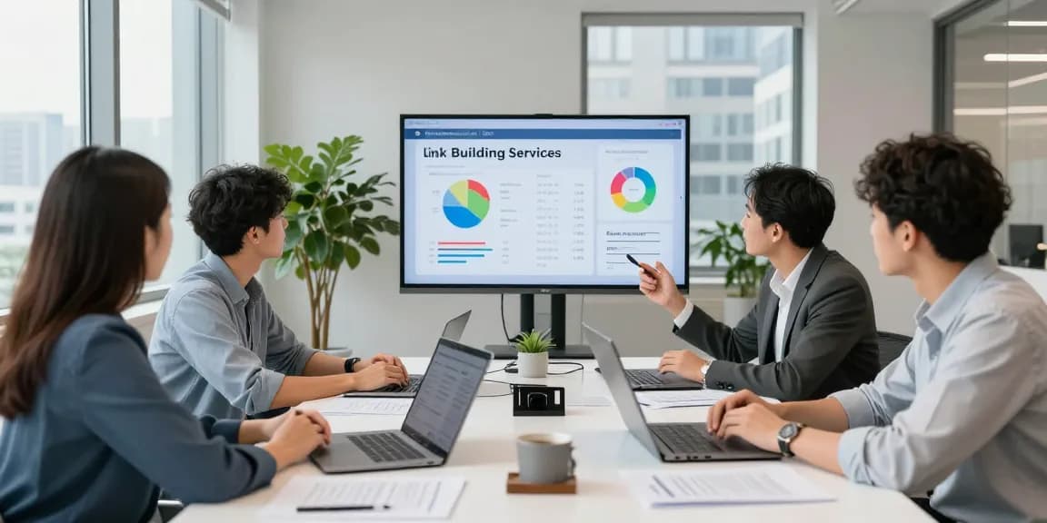 Team collaborating on link building services in a modern office setting, showcasing data and analytics for effective SEO strategies.