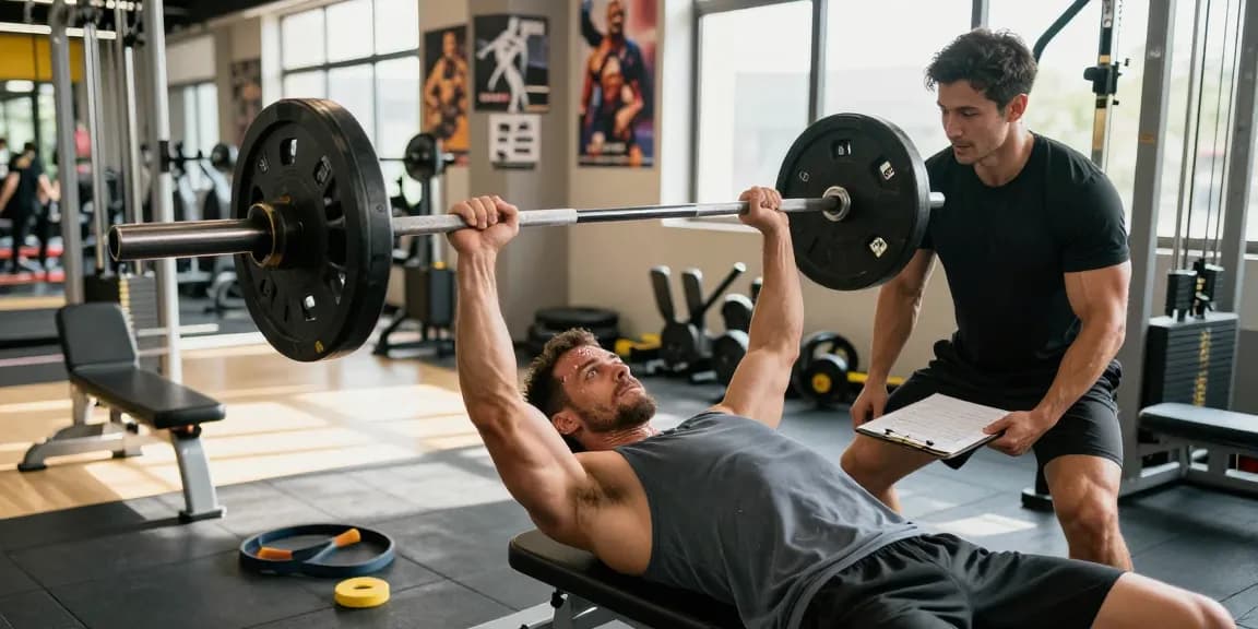 Ein athletischer Bodybuilder hebt Gewichte im Anabolika Shop Fitnessstudio, er wird von einem Trainer unterstützt.