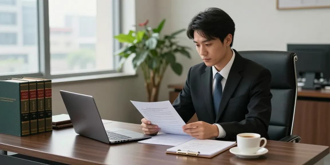 Criminal lawyer in جدة reviewing case files in a modern office setting.