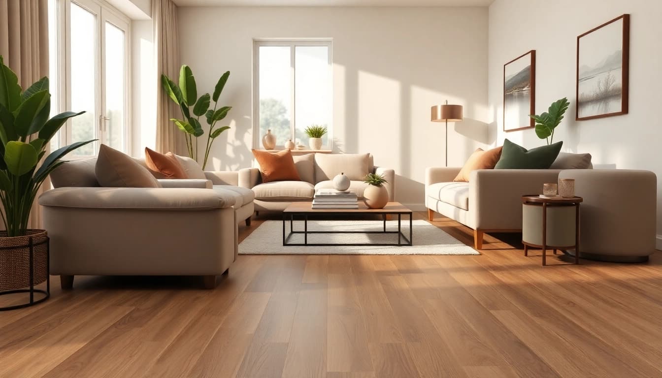 Enhance your space with vinyl plank flooring that features an inviting earth taupe hue in a modern living room.