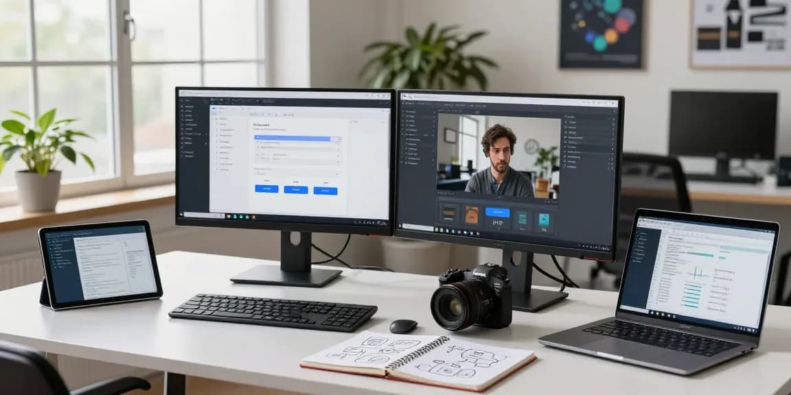 Professional using a free ai image detector tool on dual monitors in a modern tech workspace