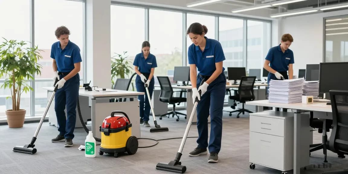 Professionelles Reinigungsteam der Putzfirma Dortmund reinigt ein modernes Büroumfeld und sorgt für Sauberkeit und Ordnung.
