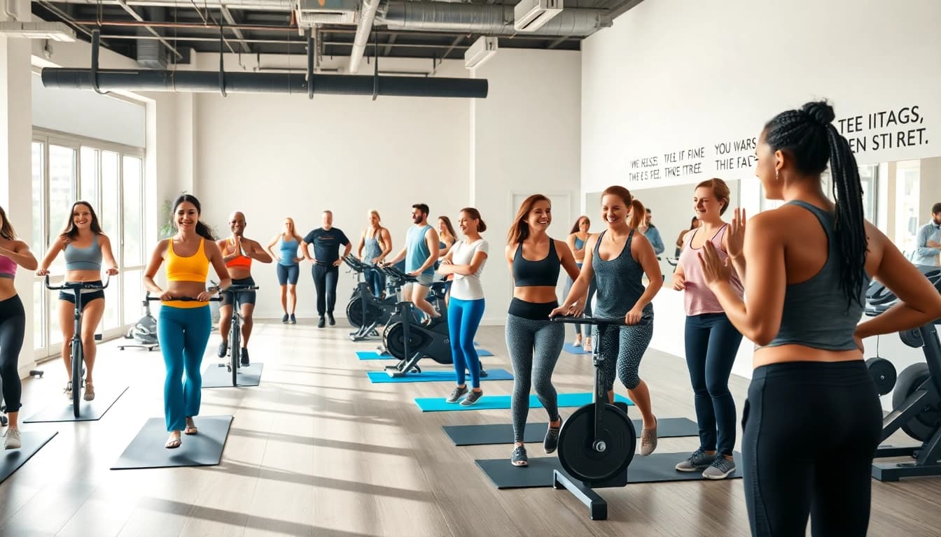 Engaging health club ideas illustrated with diverse individuals exercising together in a bright fitness studio.