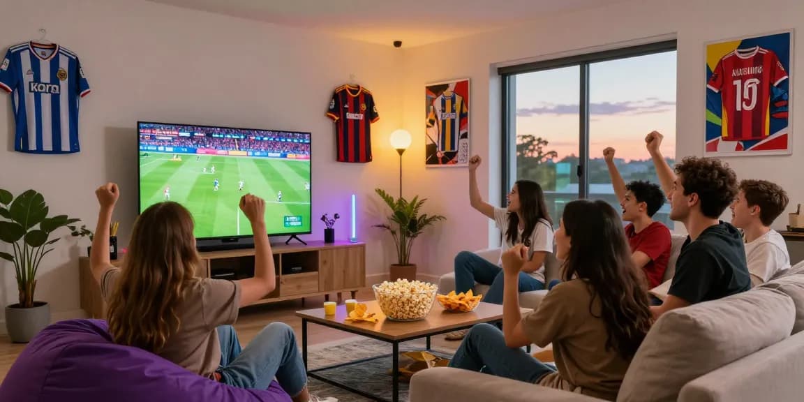 Friends enjoying kora live match in a vibrant living room with snacks and team jerseys.