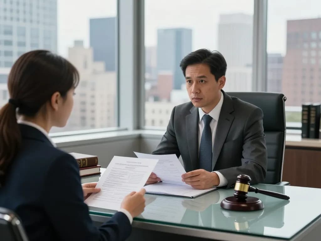 New York City Personal Injury Lawyer consulting with a client in a modern office.