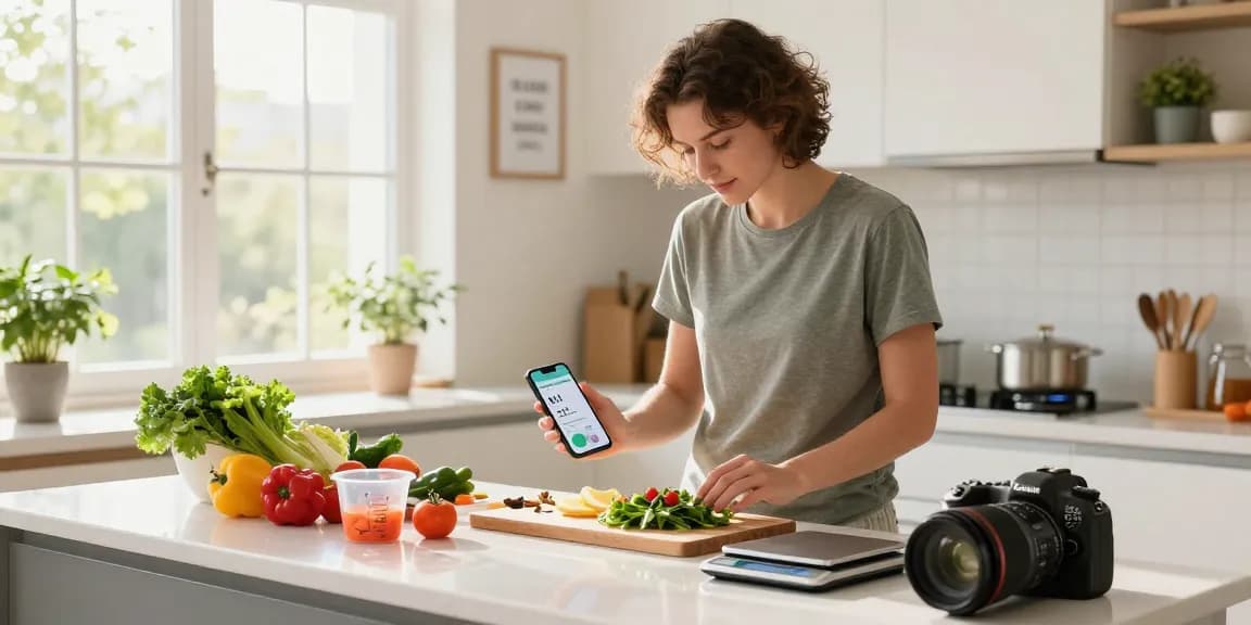 Chef using the best calorie tracker app while preparing healthy meals.