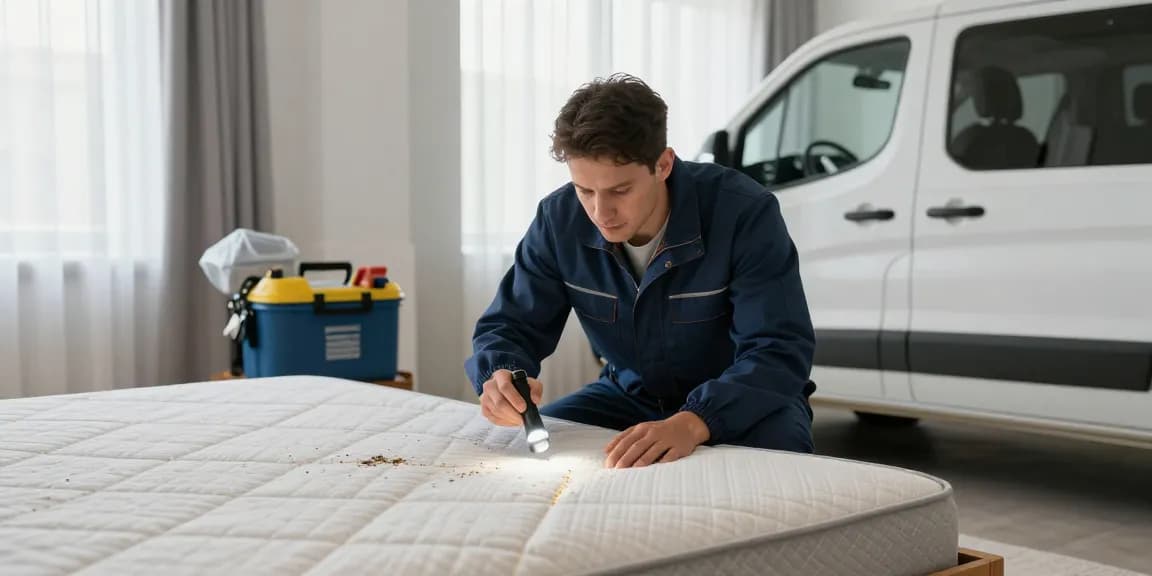 Expert bed bug exterminators conducting thorough inspections in a clean bedroom environment.