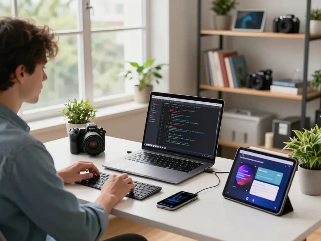 Young professional coding in a modern workspace surrounded by must have tech gadgets, showcasing a vibrant and productive atmosphere.