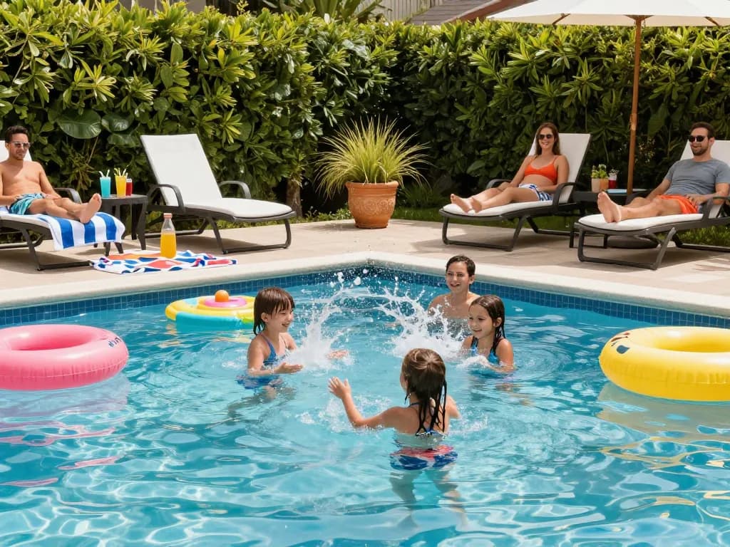 Dolphin Pool Services in a vibrant backyard setting with family enjoying the pool.