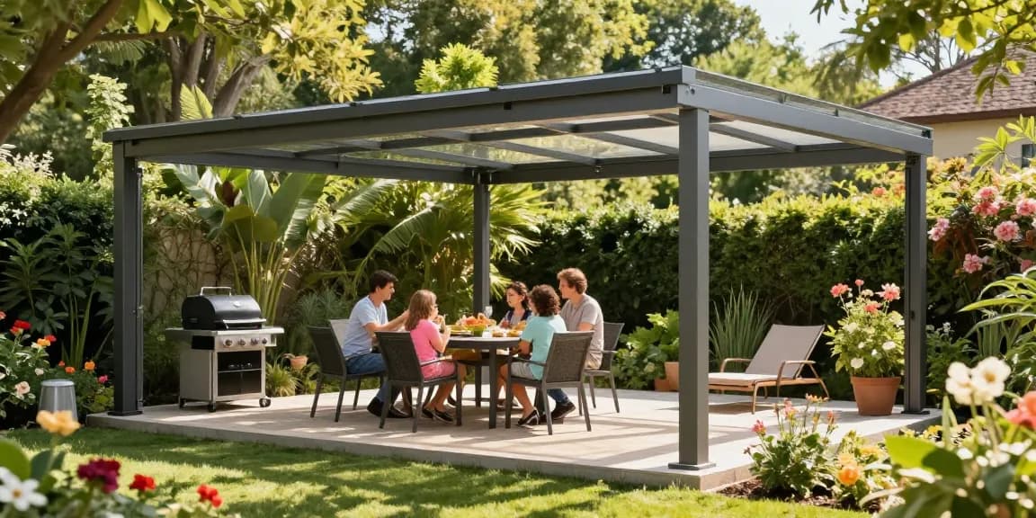 Freistehende Terrassenüberdachung schützt die Familie bei einem Gartenfest