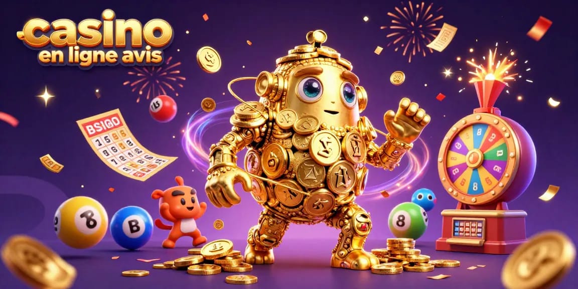 Casino en ligne avis illustrant un golem doré entouré de ballons de loterie colorés et d'éléments de jeu dynamiques.
