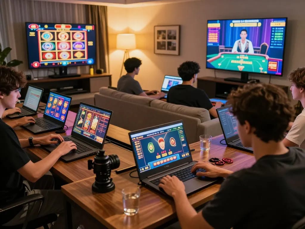 Players engaging in online casino games at home via O8's platform, showcasing a vibrant gameplay atmosphere.