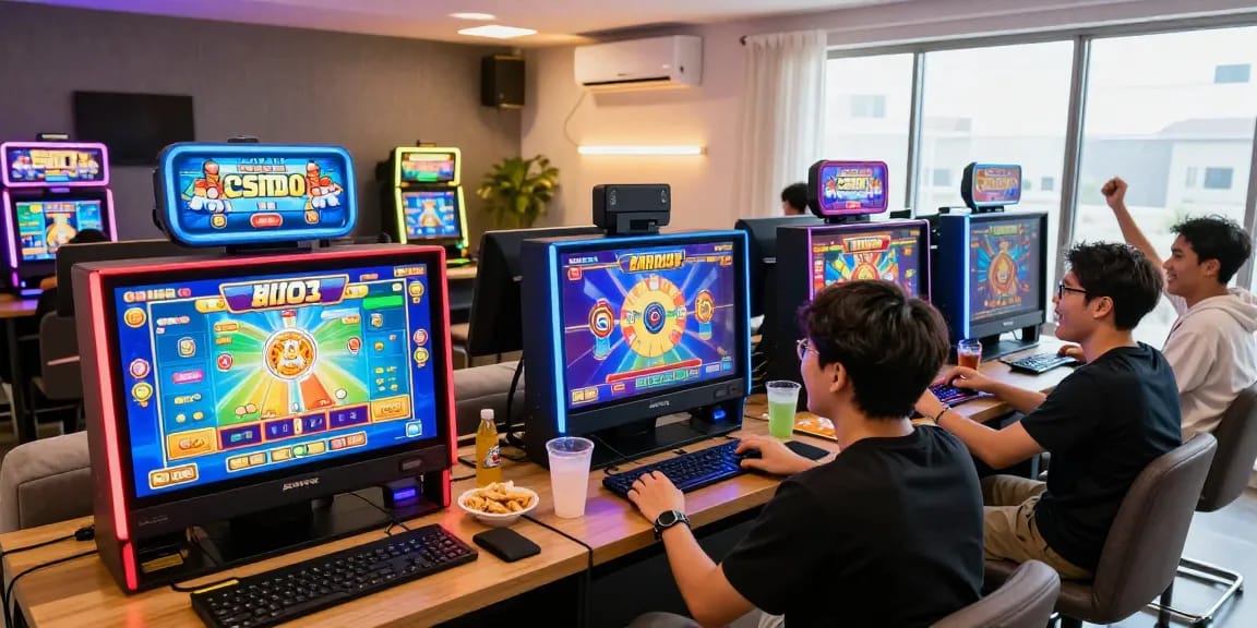 Engaging scene of friends enjoying Nagahitam303 Slot gameplay at home, celebrating wins together.
