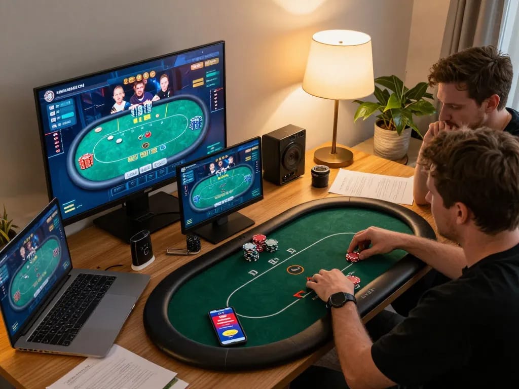 Playing poker on the LLWIN platform with strategic notes and devices in a cozy home setup.