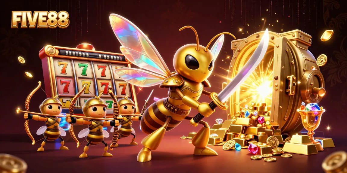 Visualize the excitement of winning at FIVE88 with golden treasures and charming characters.