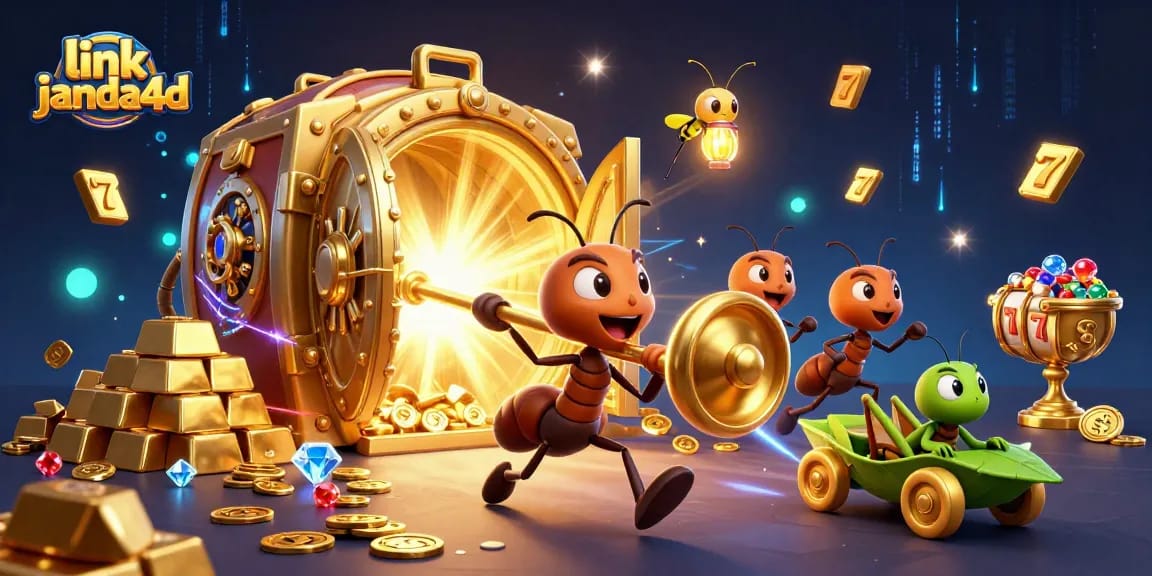 Ant tim 3D menggali jalur menuju jackpot besar link janda4d dengan simbol slot dan harta karun