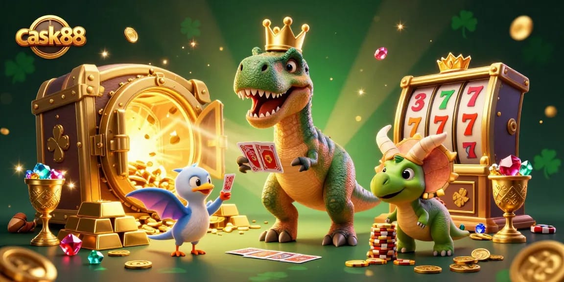 Engage with cask88 as a friendly T-Rex shuffles cards, surrounded by gold and slot reels in a vibrant casino scene.