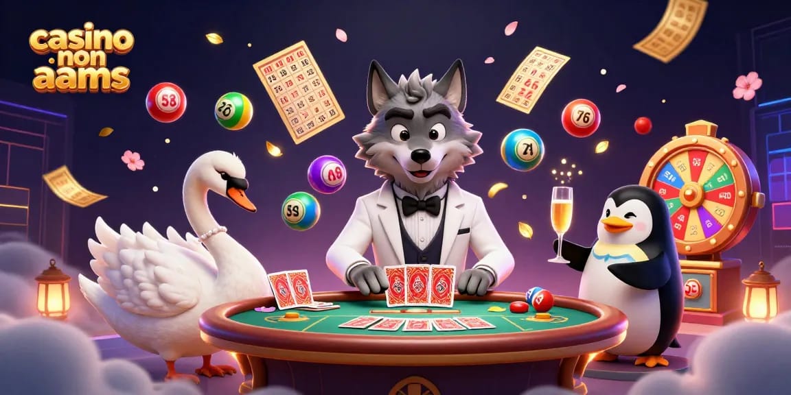 Giocando ai casino non AAMS, un lupo elegante in giacca bianca gioca a baccarat mentre uno svasso distribuisce carte.
