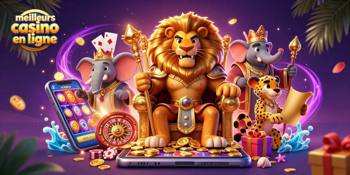 Jouez aux meilleurs casinos en ligne avec cette illustration dynamique montrant des personnages animés et des éléments de jeu.