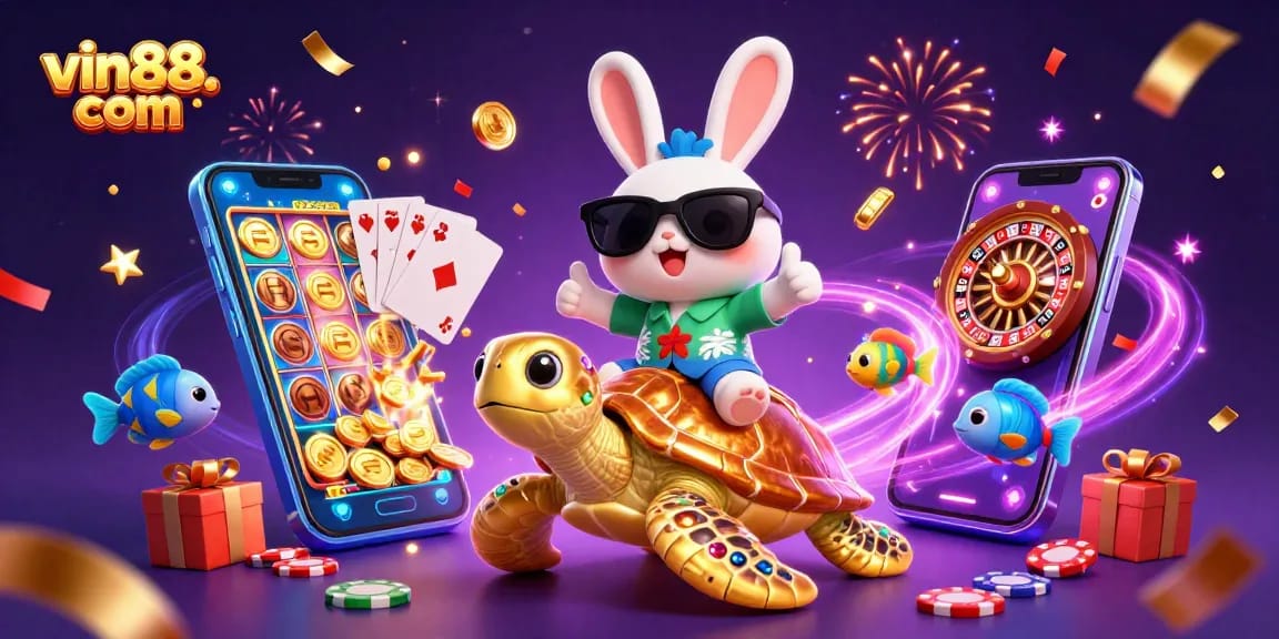 Engage with vin88. com's thrilling casino experience featuring vivid characters and casino elements.