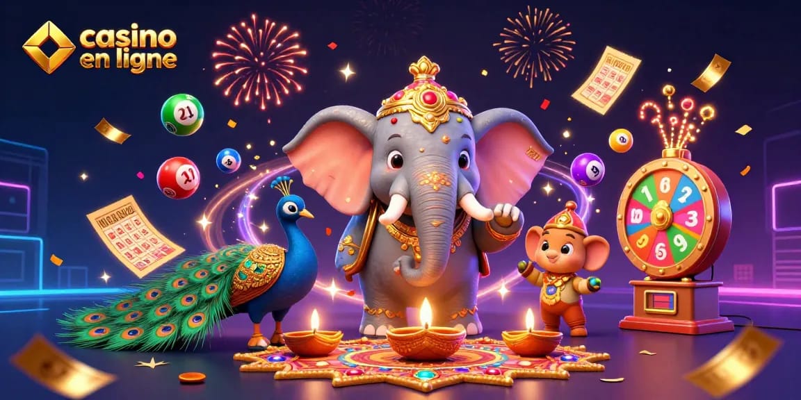 Profitez de l'excitation du casino en ligne avec un éléphant Diwali entouré de boules de loterie colorées.