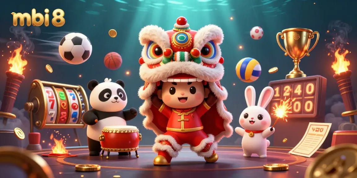 Engage with thrilling games at mbi 8, featuring vibrant lion dance and casino elements.