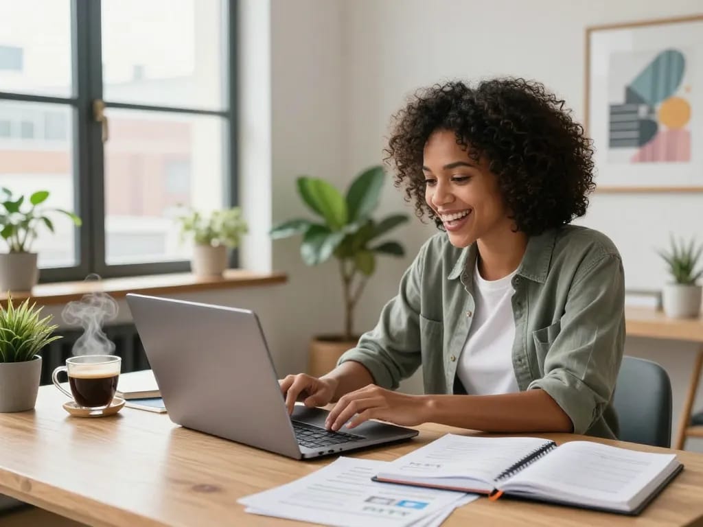 Buy PLR Digital Products in an energetic home office setting, featuring a diverse entrepreneur engaging with e-commerce.