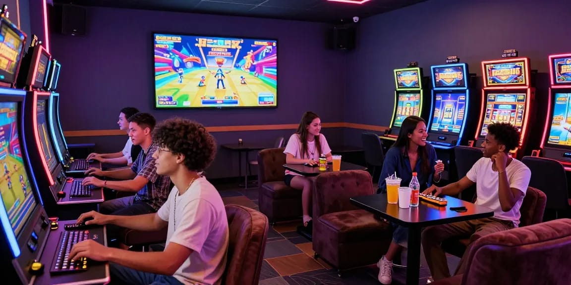 Exciting gaming scene with friends enjoying jepang slot machines in a vibrant lounge.