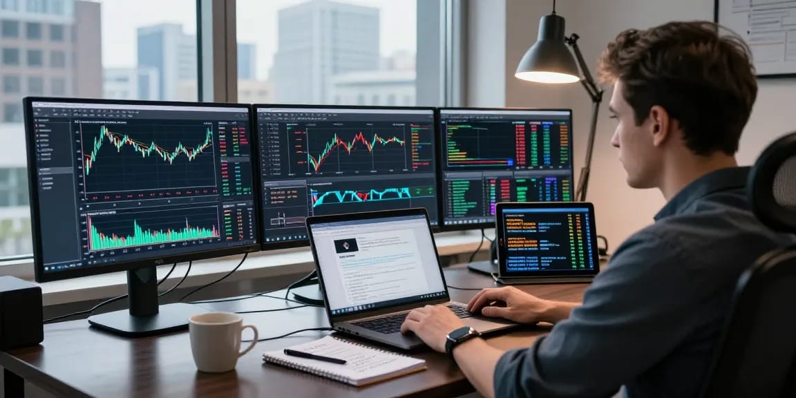 Trader utilizing MetaTrader 5 for multi-asset analysis in a professional workspace.