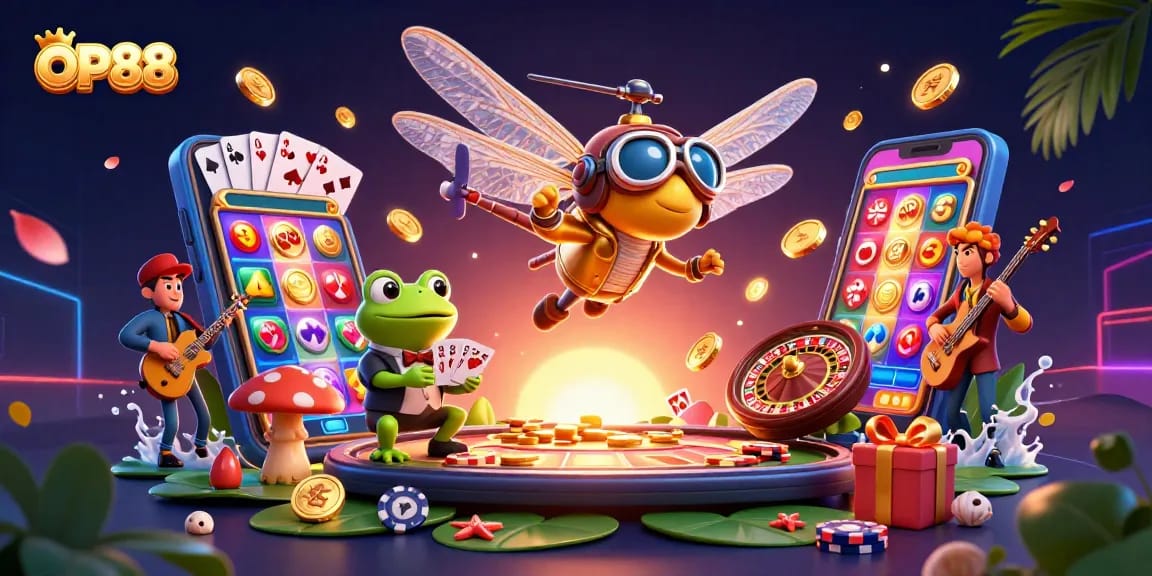 OP88 celebrates gaming with vibrant characters and dynamic casino elements in a lively, animated scene.