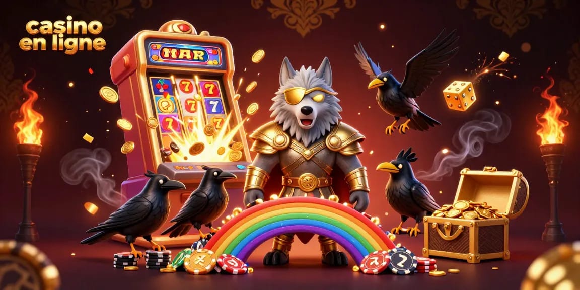 Découvrez l'univers du casino en ligne avec une illustration dynamique d'Odin et ses corbeaux riches en détails.