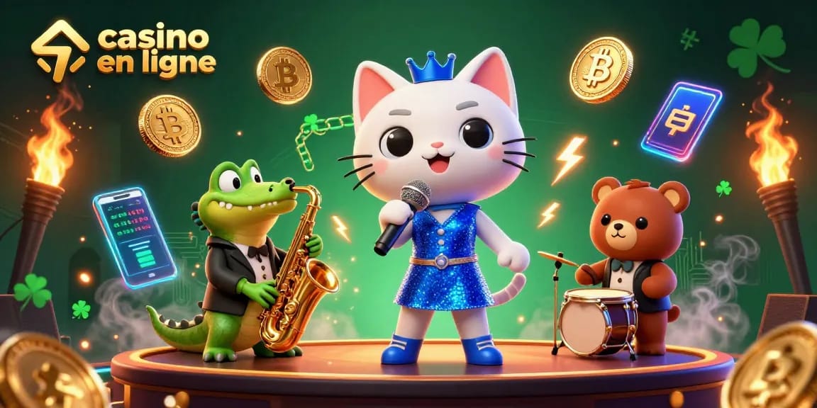 Un spectacle captivant dans un casino en ligne avec un chat chanteur, une mascotte crocodile, et un ourson batteur!