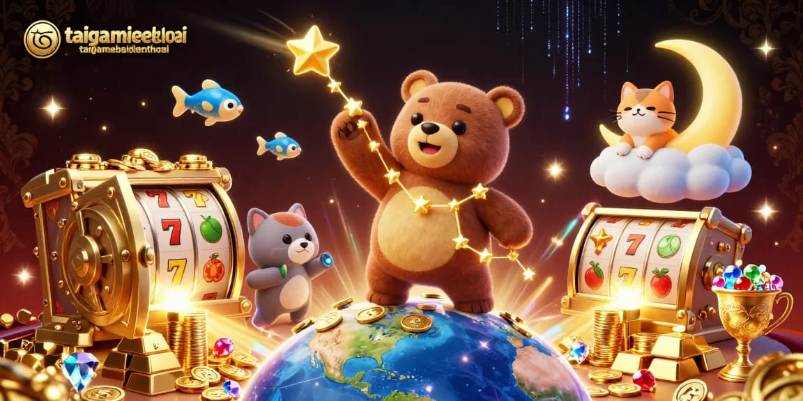 Engage with taigamebaidienthoai by playing vibrant slot games amidst a magical scene.
