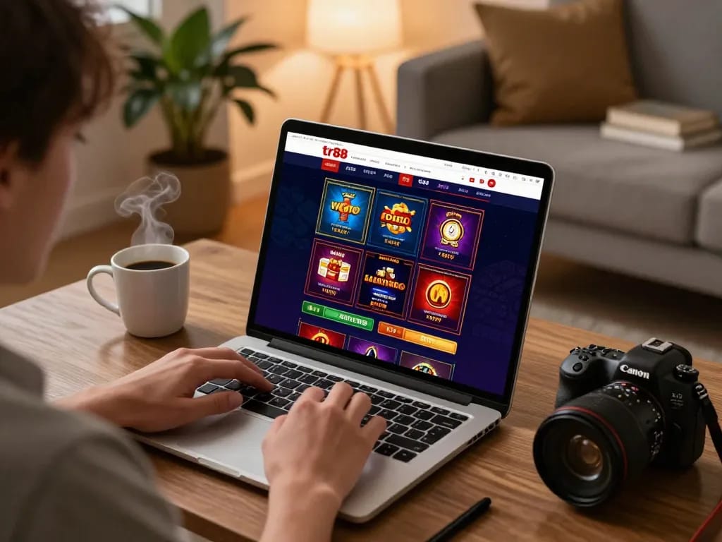 Engaging in online gaming on tr88 with user focused on the laptop, cozy home atmosphere