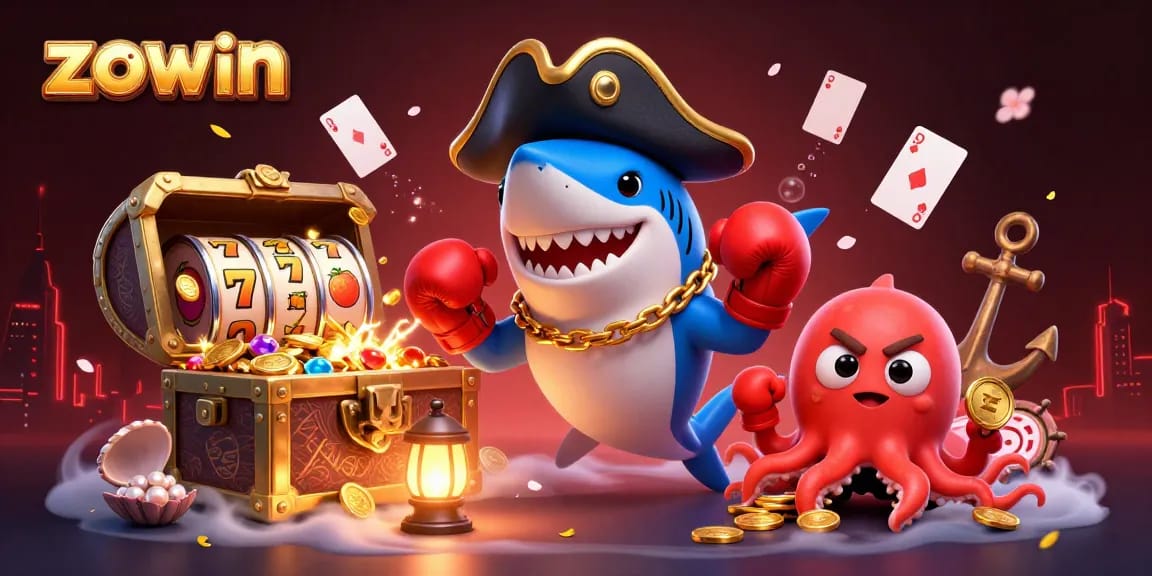 Zowin themed illustration depicting a pirate shark, pufferfish, and octopus amidst slot reels and treasure.