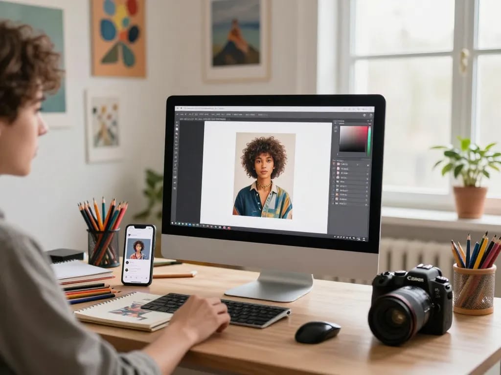 Digital artist using an image to prompt generator in a cozy studio.