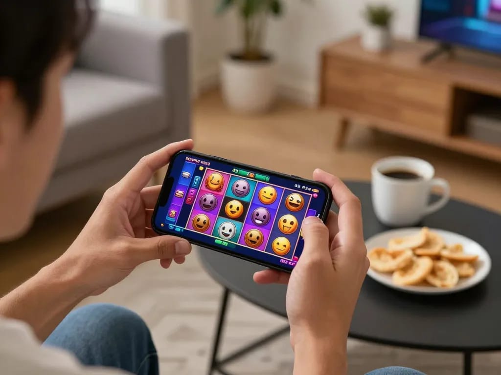 Engaging gameplay on a slot online app in a cozy living room setting, showcasing excitement and enjoyment.